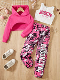 Girls' 3pcs Trendy Outfit Set: Hooded Crop Top, Letter Print Vest &amp; Camo Joggers - Machine Washable Polyester Blend for Fall/Winter, Perfect for Outdoor