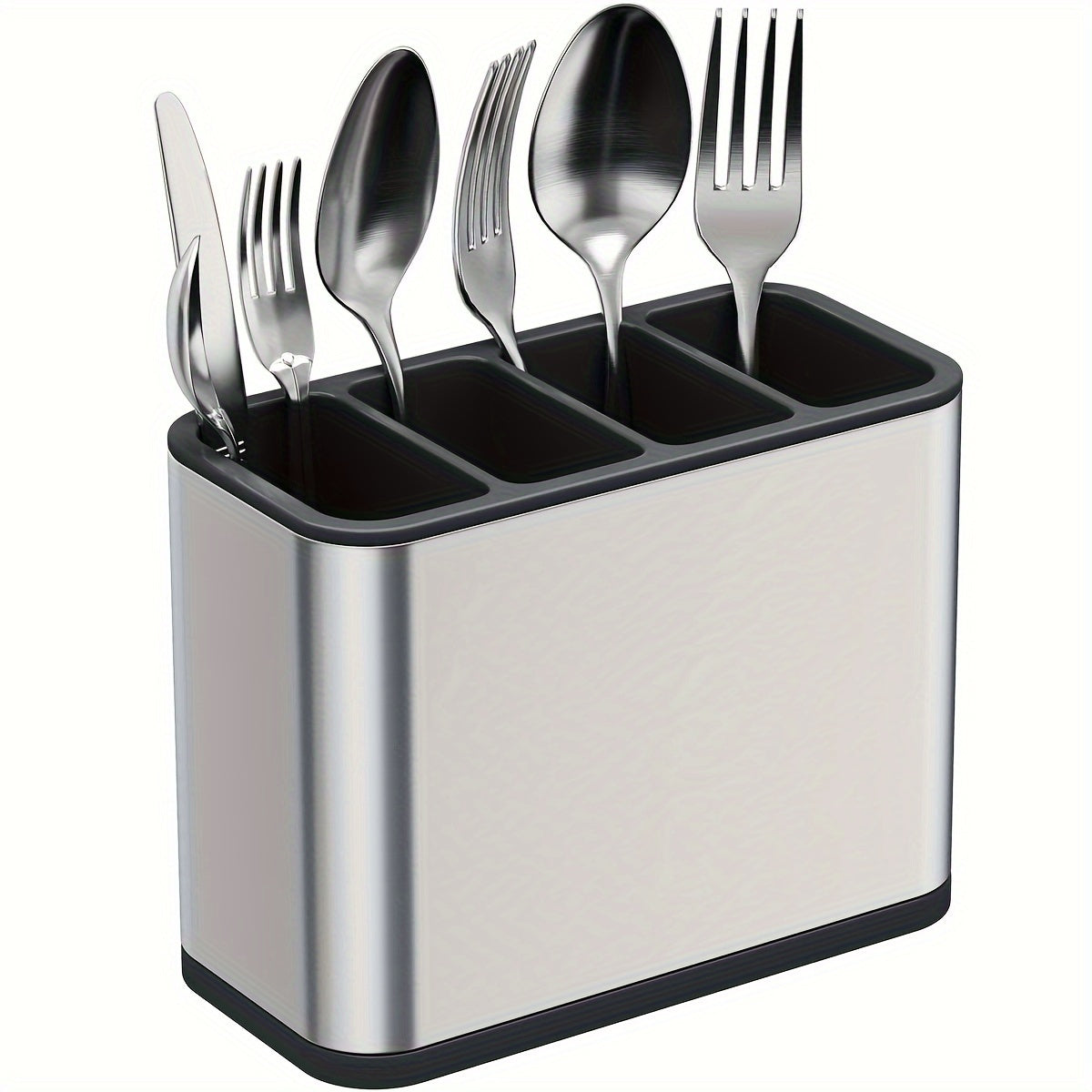 Stainless Steel Tableware Storage Box with 4 Separate Compartments, Anti-Slip Base and Removable Drip Tray - Rust Proof Kitchen Countertop Utensil Organizer