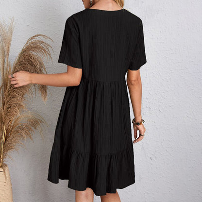 Summer Solid Dress Women Casual Bohemian V Neck Short Sleeve Ruffles Loose A Line Mini Dress Elegant Beach Party Vestidos Street