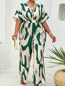 Plus Size, Women's Plus Size Batwing Sleeve Belted Print Jumpsuit
