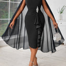 Plus Size, Women's Fashionable and Elegant Batwing Sleeve Mesh Splicing Plus Size Wrap Dress