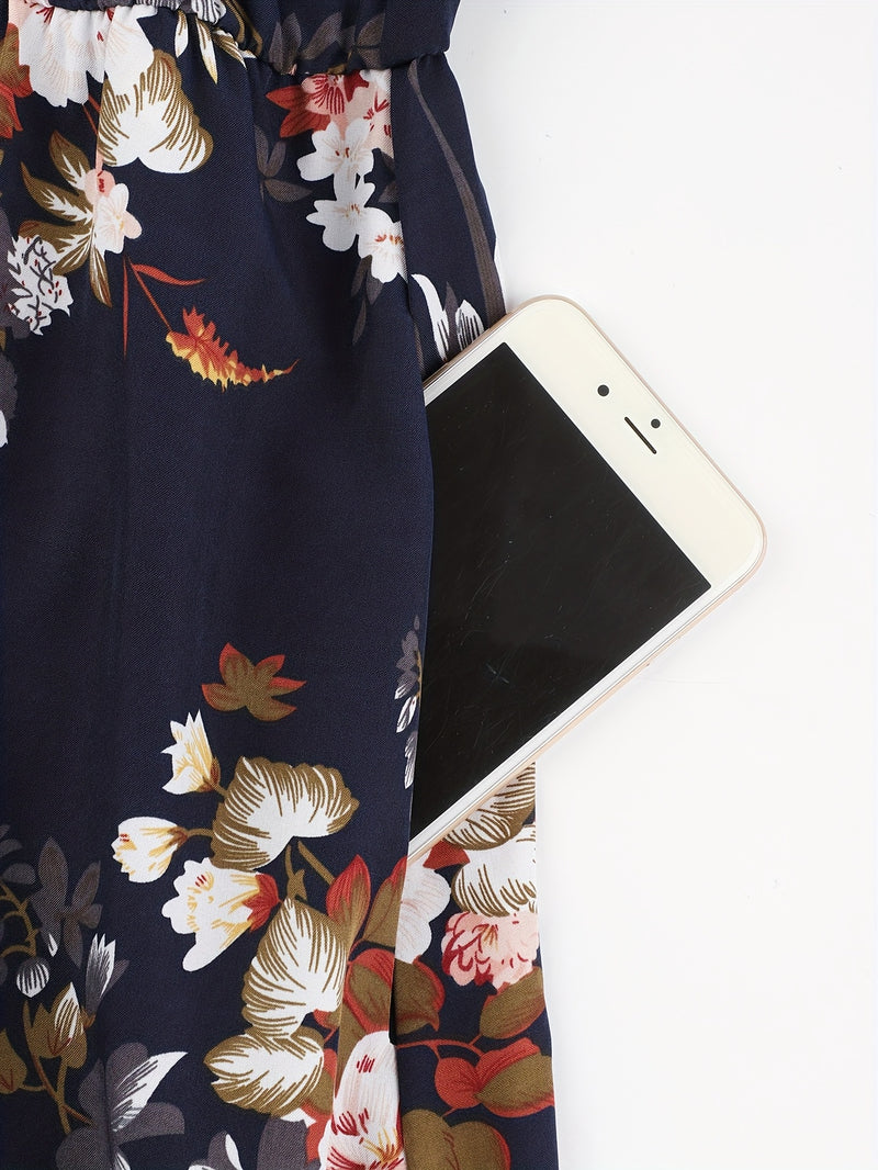 Plus Size Bohemian Off-Shoulder Boat Neck Dress - Floral Print Long Sleeveless Maxi Dress with Pockets, X-Line Silhouette for Women, Spring/Summer Casual Vacation & Beach Outfits, Beach Dresses, Summer Outfit, Durable Constru