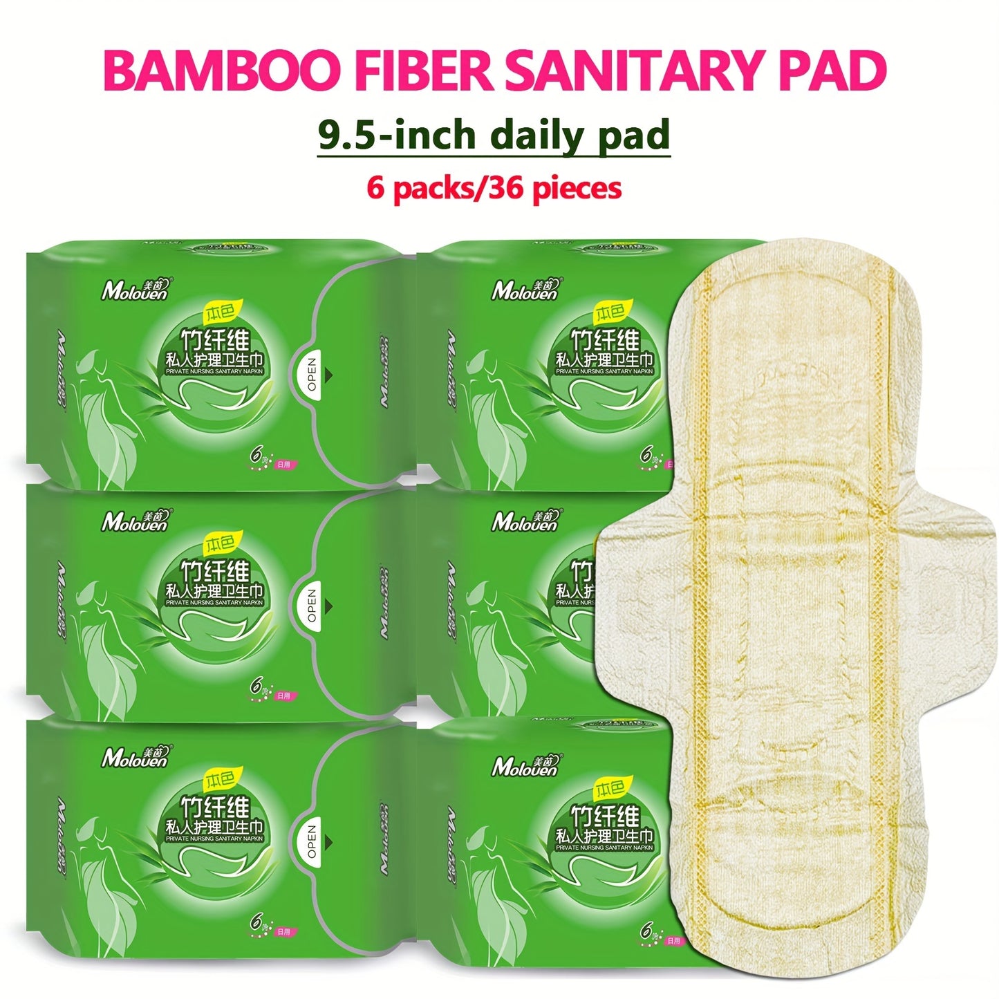Moloven Bamboo Fiber Panty Liners for Women, Unscented Daily Use Feminine Pads with Wings, Ultra-Thin High Absorption Non-Woven Liners, Soft Comfort Menstrual Pads Multipack - 29/36 Count