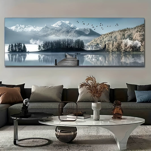 Impresión artística en lienzo grande de inspiración vintage: paisaje de montañas nevadas, selva y lago | Decoración de pared sin marco para sala de estar, dormitorio y oficina