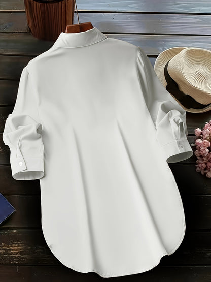 Blusa de talla grande con dobladillo curvo, informal, con cuello abotonado para primavera, ropa de talla grande para mujer.