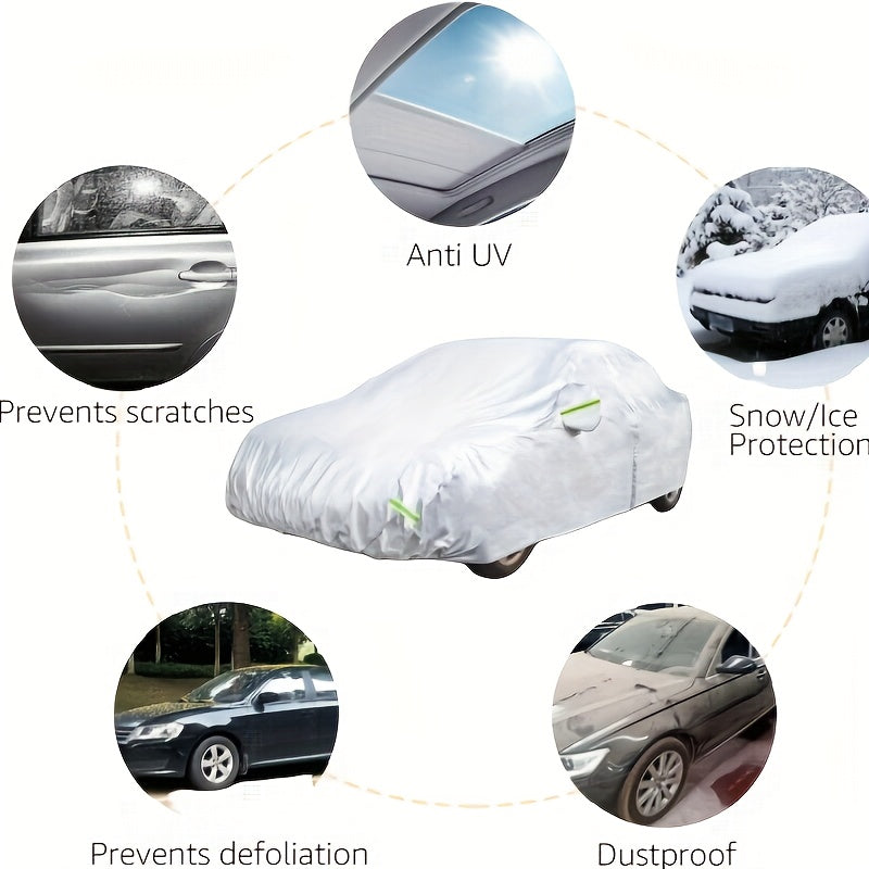 UV-Resistant & Dustproof Car Cover with Reflective Safety Strips - Fits Cars, SUVs, Pickups & Hatchbacks, Durable Polyester, Silvery