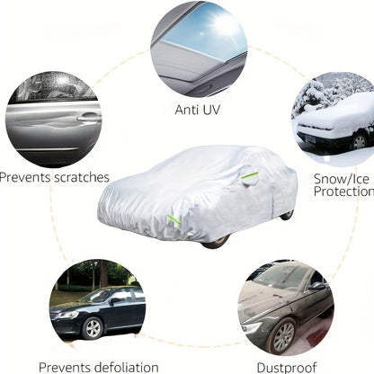 UV-Resistant & Dustproof Car Cover with Reflective Safety Strips - Fits Cars, SUVs, Pickups & Hatchbacks, Durable Polyester, Silvery