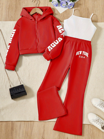 3-Piece Outdoor Sporty Girl's Long Sleeve Zip-up Hoodie + Flared Trousers With Camisole Set - Versatile Comfy For Spring/ Fall Casual Wear, Gift Idea