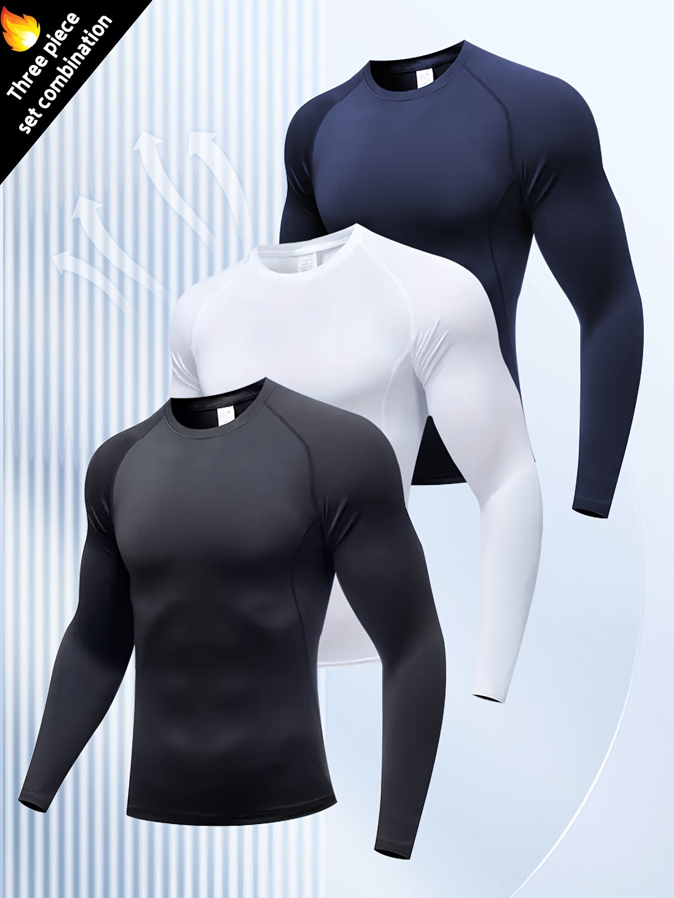3pcs Men's Athletic Compression Long Sleeve Tops - Quick Dry, Moisture-Wicking & Breathable, High Stretch for Running, Yoga & Outdoor Activities, Casual, Sweat-wicking, Movement Style, Going Out Occasion, Leisure Outing Occas