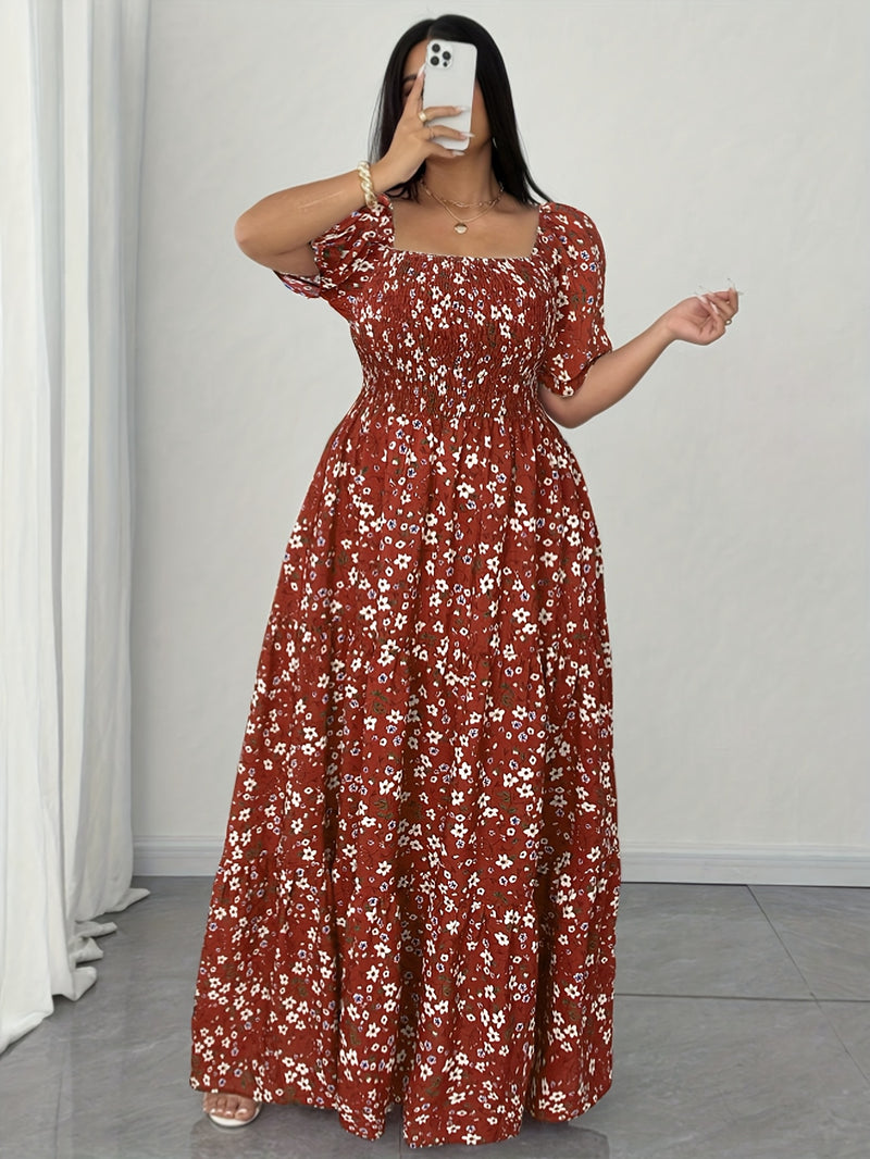 Women's Summer Square Neck Elastic Waist Floral Print Puff Sleeve A-Line Maxi Dress - Lightweight Breathable Machine Washable Plus Size Flowy Long Dress for Beach Vacation & Casual Outings, Beach Dresses