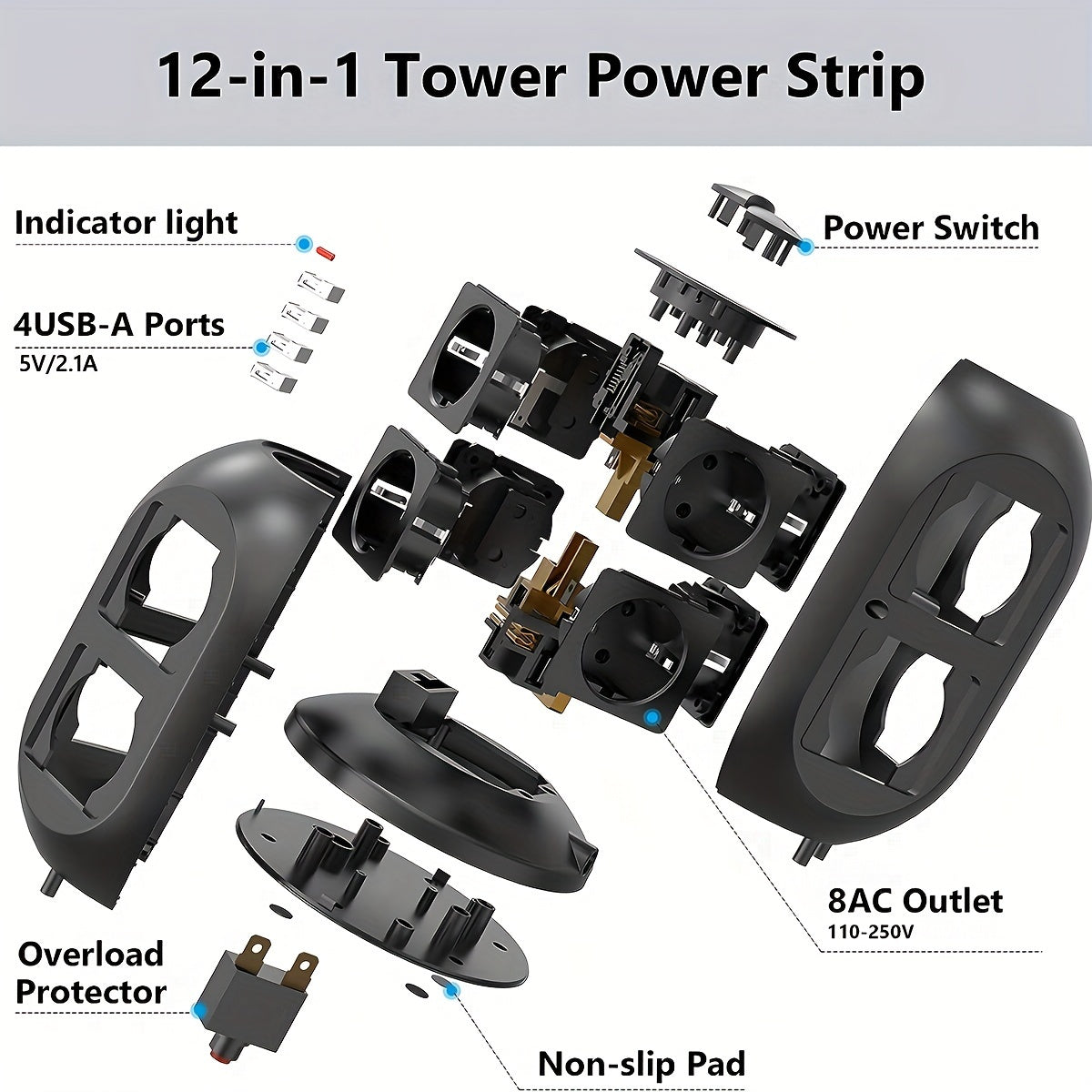 12-way Power Strip With 4 USB, Multi-socket Tower, 1.8 M Extension Cable, Power Strip With Double Switch, Desktop Socket Tower Surge Protection For Garden, Office, Kitchen