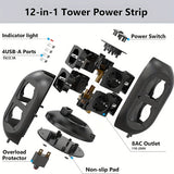 12-way Power Strip With 4 USB, Multi-socket Tower, 1.8 M Extension Cable, Power Strip With Double Switch, Desktop Socket Tower Surge Protection For Garden, Office, Kitchen