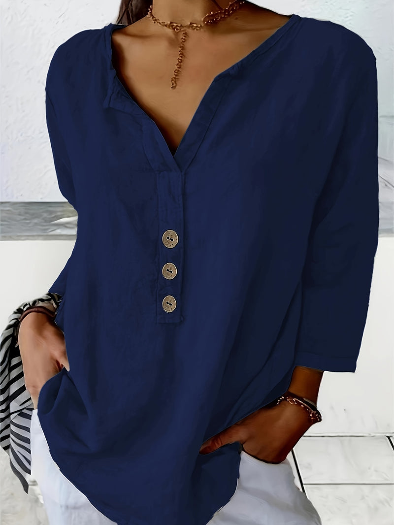V-Neck Button-Up Top - Loose Fit Solid Color Pullover, Fashionable Casual V-Neck Shirt for Women, Relaxed Fit, Non-Stretch Cotton Linen Blouse
