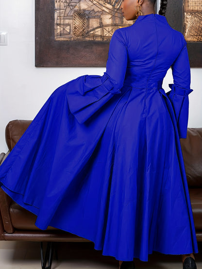 Plus Size Solid Color Dress, Elegant Flare Sleeve V Neck Dress For Spring & Fall, Women's Plus Size Clothing