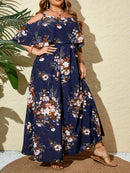 Plus Size Bohemian Off-Shoulder Boat Neck Dress - Floral Print Long Sleeveless Maxi Dress with Pockets, X-Line Silhouette for Women, Spring/Summer Casual Vacation & Beach Outfits, Beach Dresses, Summer Outfit, Durable Constru