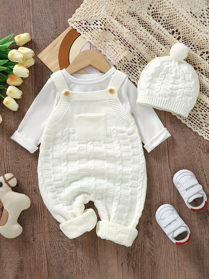 Infant Baby Knitted Suspender Jumpsuit, Long Legs Climbing Suit With Hat Set Without Lining, Suitable For Indoor And Outdoor Wear