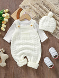 Infant Baby Knitted Suspender Jumpsuit, Long Legs Climbing Suit With Hat Set, Unlined, Suitable For Indoor And Outdoor Wear