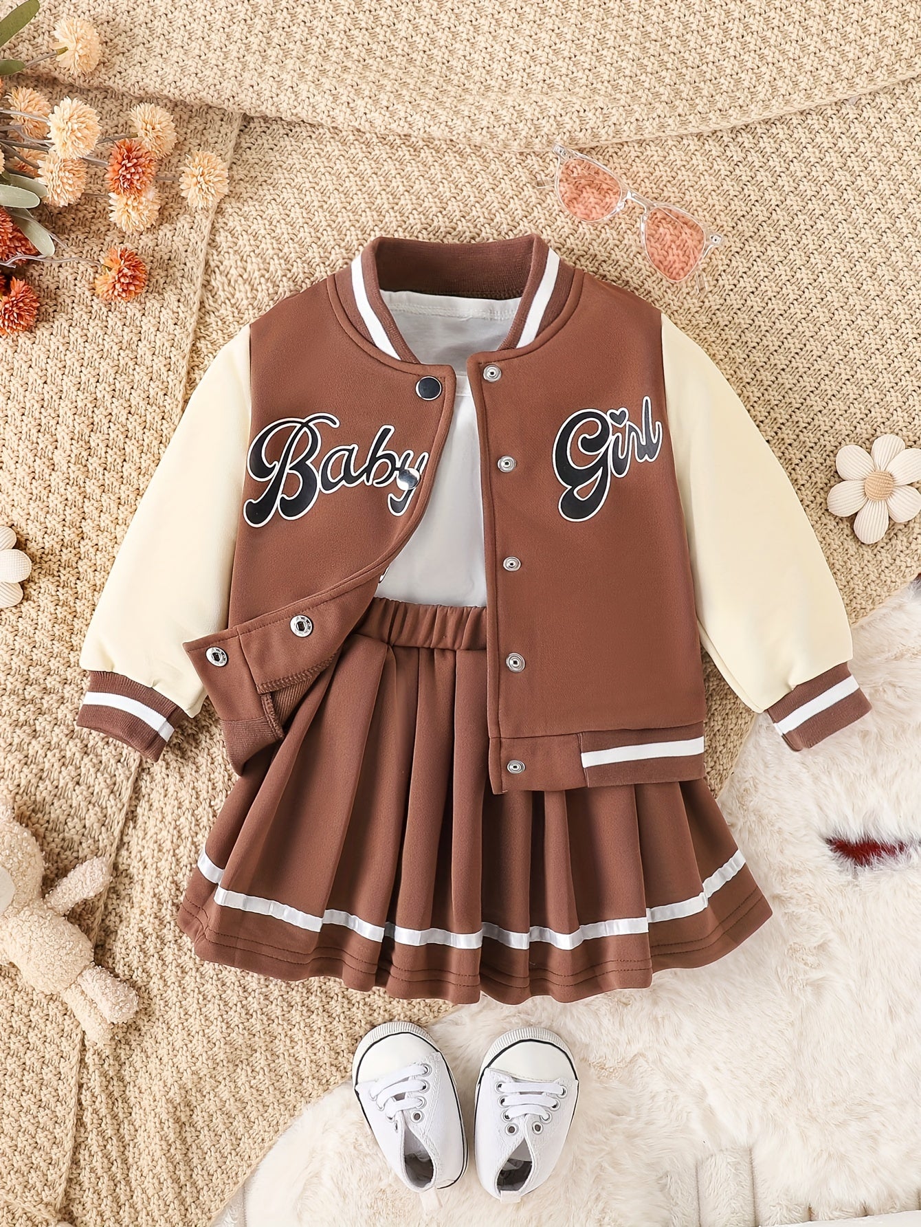 Conjunto de 2 piezas de chaqueta de béisbol con estampado de niña y falda plisada para exteriores, ideal para fiestas y deportes.