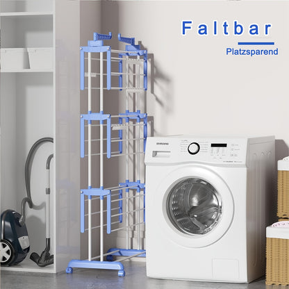 3-Tier Foldable Clothes Drying Rack with Wheels - Durable Metal & Plastic, Space-Saving Design for Indoor/Outdoor Use, Easy Assembly, Drying Racks