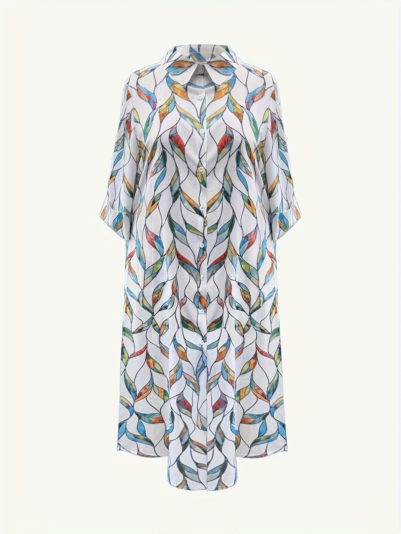Plus Size Casual Printed Shirt Dress with Lapel Collar and Side Slit - Polyester Blend, Slight Stretch, Woven Fabric, Fits All Seasons - LY8744