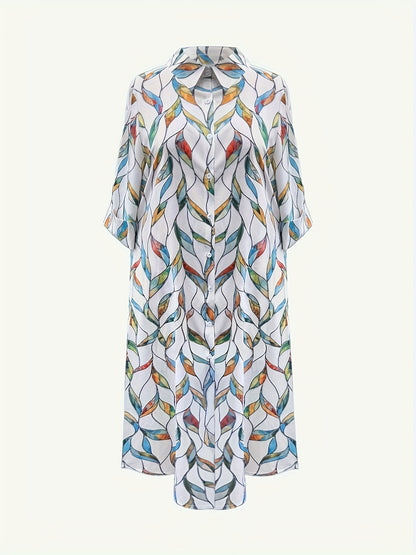 Plus Size Casual Printed Shirt Dress with Lapel Collar and Side Slit - Polyester Blend, Slight Stretch, Woven Fabric, Fits All Seasons - LY8744