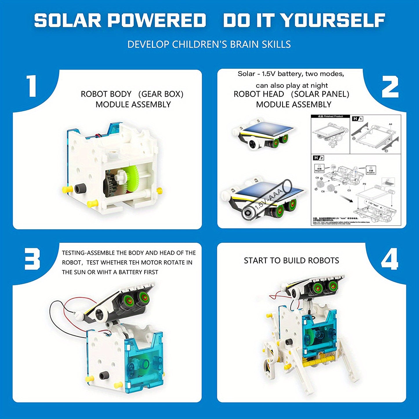 STEM 13-in-1 Solar Power Robots Creation Toy, Educational Experiment DIY Robotics Kit, Science Toy Solar + Battery Powered 2 Modes Building Robotic Set Kids To Build, Halloween, Christmas gift