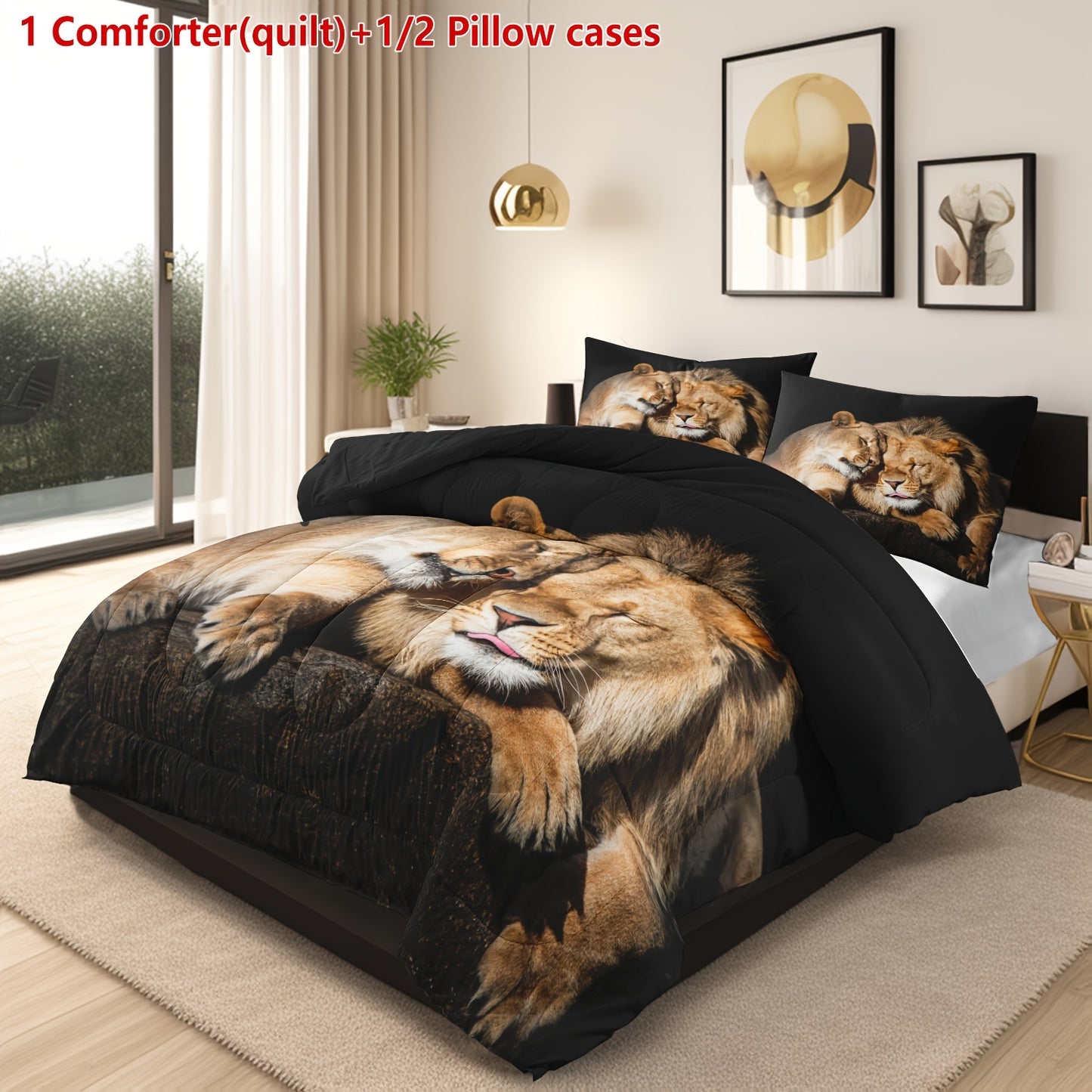 Lion Duvet Cover Set - 2/3 Piece Polyester Comforter with Stain Resistant Feature, Machine Washable, Digital Print, Woven Fabric, Includes 1 Comforter and 1/2 Pillowcases (No Insert)