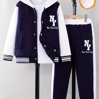 'NY' Letter Print Girl's Preppy Outfit, Color Block Hooded Varsity Jacket + Sweatpants Set Comfy Stylish 2-piece Girls Winter/ Fall Outdoor Clothes