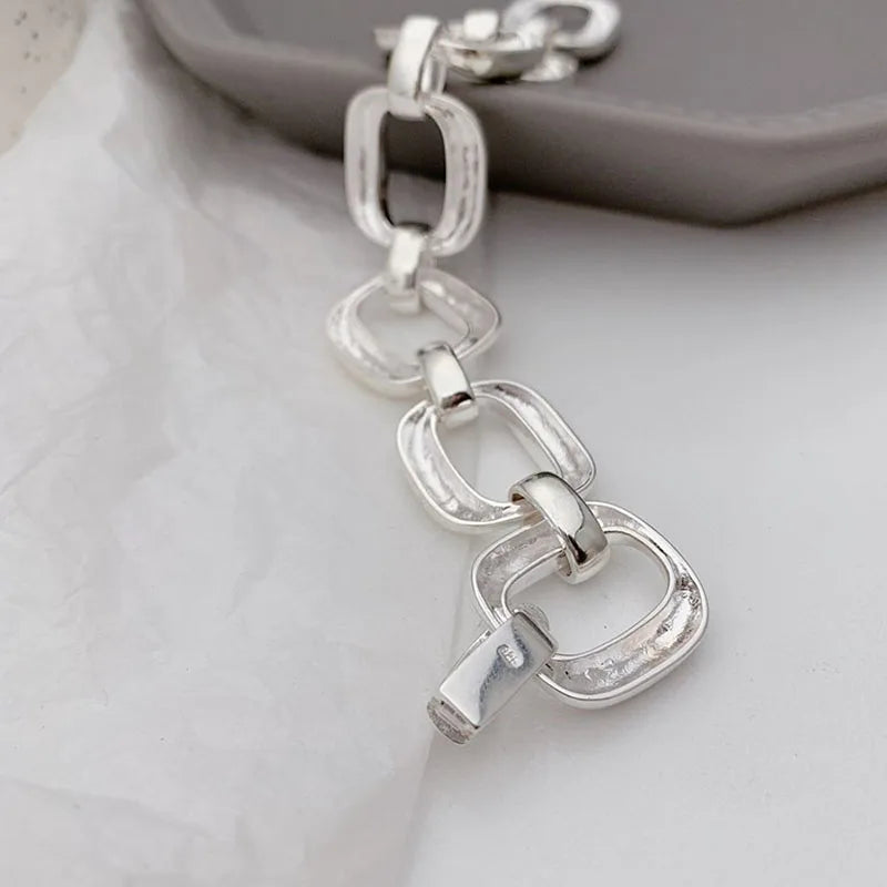 Pulseras de plata de ley 925 para mujer, estilo hip hop, vintage, cadena gruesa, diseño geométrico hueco creativo, joyería de fiesta. 