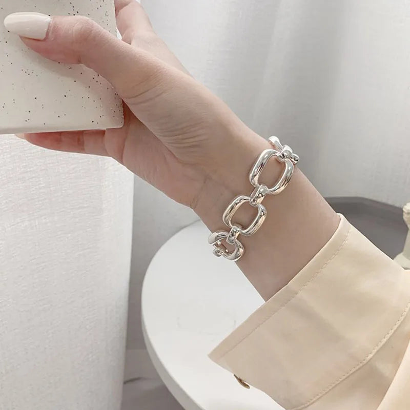 Pulseras de plata de ley 925 para mujer, estilo hip hop, vintage, cadena gruesa, diseño geométrico hueco creativo, joyería de fiesta. 