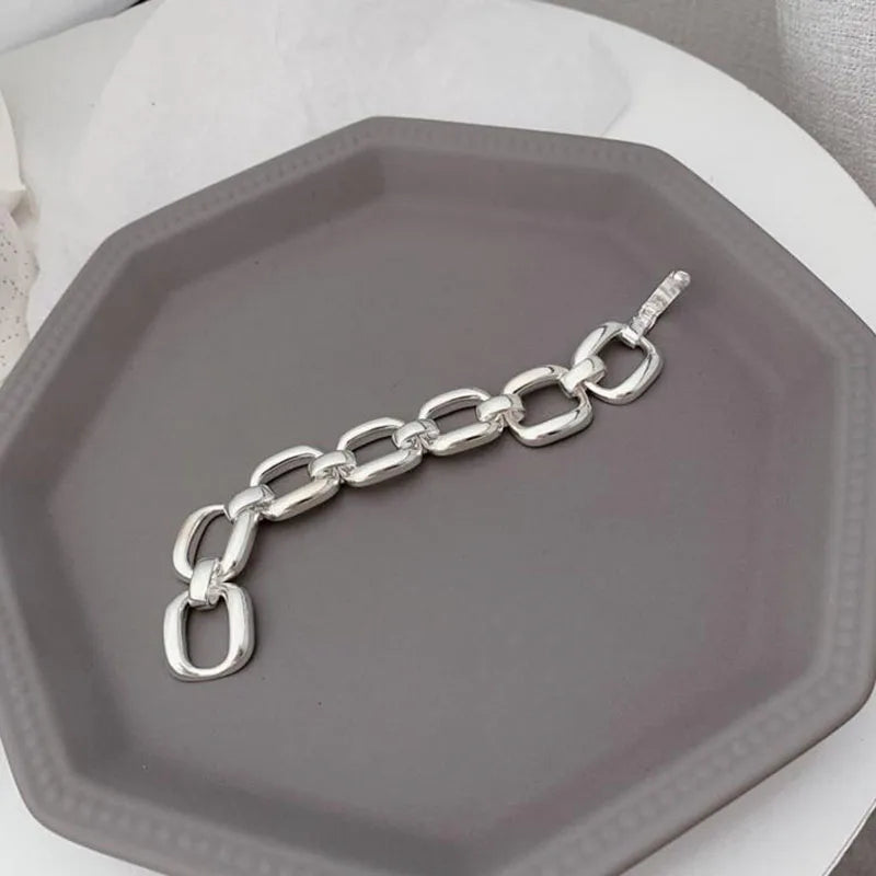 Pulseras de plata de ley 925 para mujer, estilo hip hop, vintage, cadena gruesa, diseño geométrico hueco creativo, joyería de fiesta. 