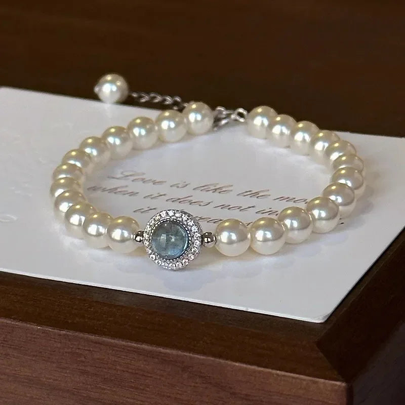 925 Sterling Silver Pearl Bracelet for Women, French Bracelets, Blue Crystal, Wedding Party Jewelry, Luxury Designer, Fashion 