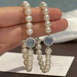 925 Sterling Silver Pearl Bracelet for Women, French Bracelets, Blue Crystal, Wedding Party Jewelry, Luxury Designer, Fashion 