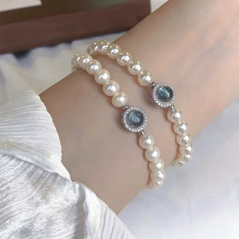 925 Sterling Silver Pearl Bracelet for Women, French Bracelets, Blue Crystal, Wedding Party Jewelry, Luxury Designer, Fashion 