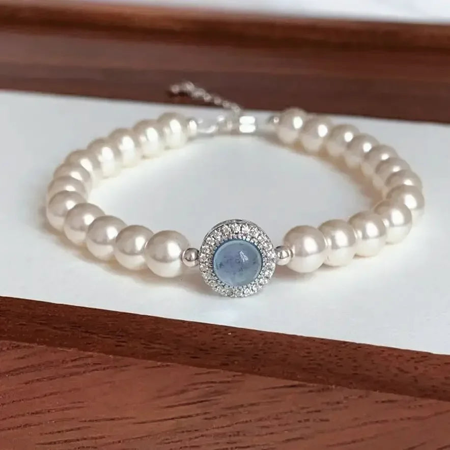 925 Sterling Silver Pearl Bracelet for Women, French Bracelets, Blue Crystal, Wedding Party Jewelry, Luxury Designer, Fashion 