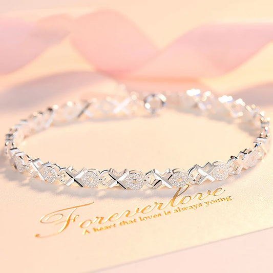 925 Sterling Silver Adjustable Chain Bracelet for Women, XO Shape, Korean Designer, Luxury, Party, Wedding, Jewelry 