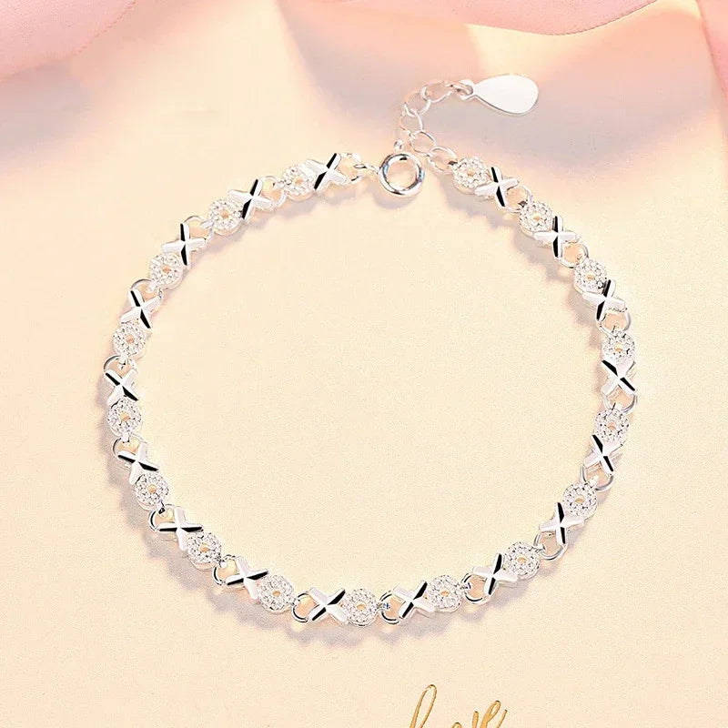 Pulsera de cadena ajustable de plata de ley 925 para mujer, forma XO, diseño coreano, lujo, ideal para fiestas y bodas. 