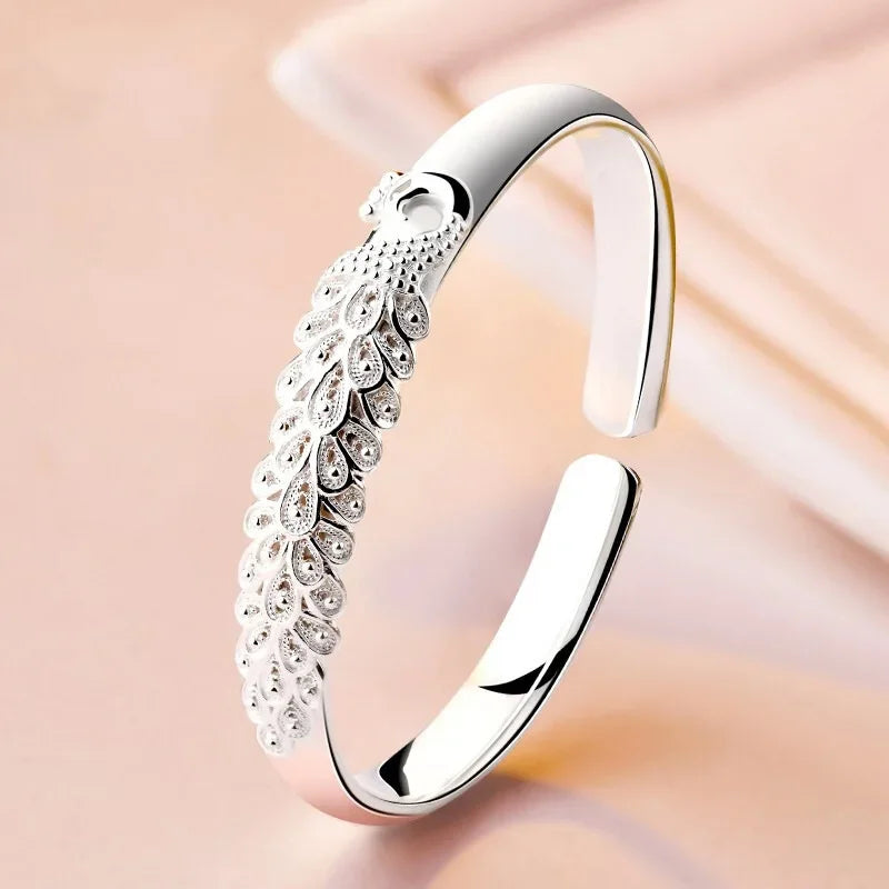 925 Sterling Silver Peacock Opening Screen Bracelet For Women Luxury Designer Texture Open Bangles Original Party Jewelry Gift 