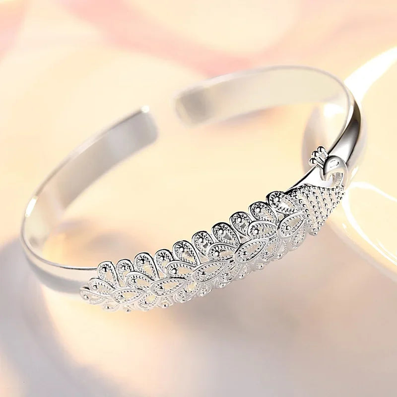 925 Sterling Silver Peacock Opening Screen Bracelet For Women Luxury Designer Texture Open Bangles Original Party Jewelry Gift 