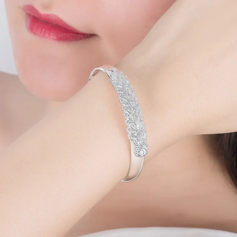 925 Sterling Silver Peacock Opening Screen Bracelet For Women Luxury Designer Texture Open Bangles Original Party Jewelry Gift 