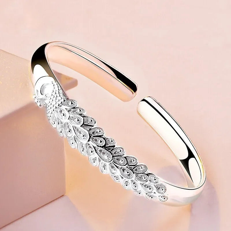 925 Sterling Silver Peacock Opening Screen Bracelet For Women Luxury Designer Texture Open Bangles Original Party Jewelry Gift 