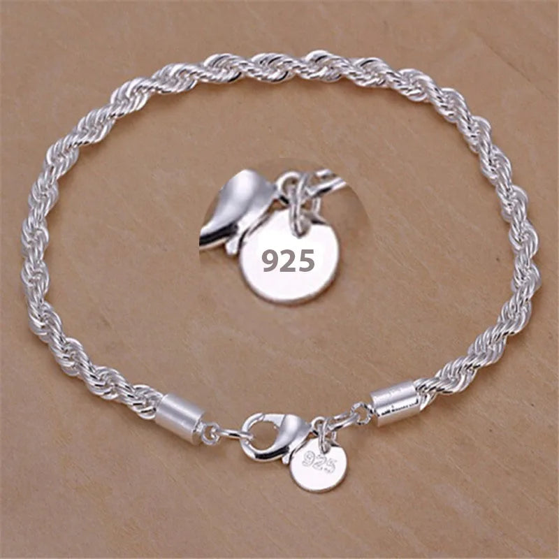925 Sterling Silver Chain Bracelets for Men Women Braided Rope Male Fashion Jewelry High Quality New 4mm 