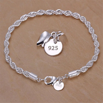 925 pulseiras de corrente de prata esterlina para homens e mulheres, corda trançada masculina, jóias da moda, alta qualidade, novo, 4mm