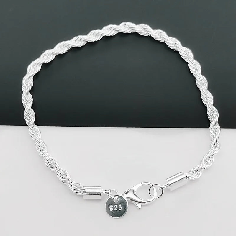 925 Sterling Silver Chain Bracelets for Men Women Braided Rope Male Fashion Jewelry High Quality New 4mm 