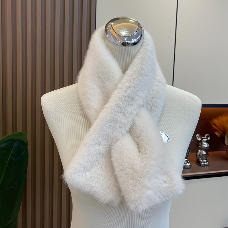 Women'S Luxurious Faux Fur Hat and Scarf Set, Winter Warmth Thickened Polyester Fox Fur Cap with Earmuffs, Elegant Festive Gift, Knitted No-Brim Hat, Non-Stretch, Hand Wash Only
