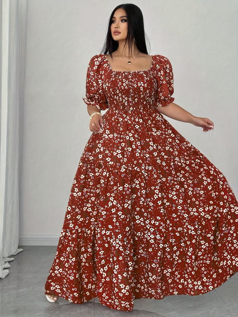 Women's Summer Square Neck Elastic Waist Floral Print Puff Sleeve A-Line Maxi Dress - Lightweight Breathable Machine Washable Plus Size Flowy Long Dress for Beach Vacation & Casual Outings, Beach Dresses
