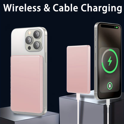5000mAh Mag-Safe Wireless Charger, Mini Portable Power Bank with USB-C, Fast Charging for iPhone 15/14/13/12 Series and Airpods - Pink