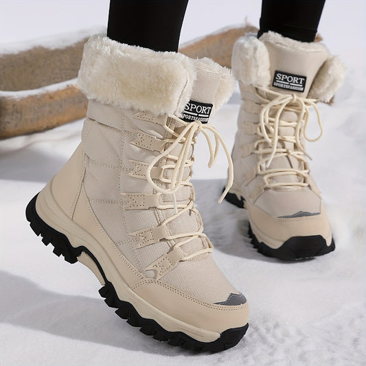Botas de nieve impermeables y aislantes para mujer con forro de piel sintética, suela de goma gruesa y cordones ajustables para exteriores en invierno.