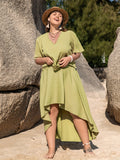 Plus Size Solid Two-piece Skirt Set, V Neck Short Sleeve Top & Irregular Hem Skirts Outfits, Women's Plus Size Clothing