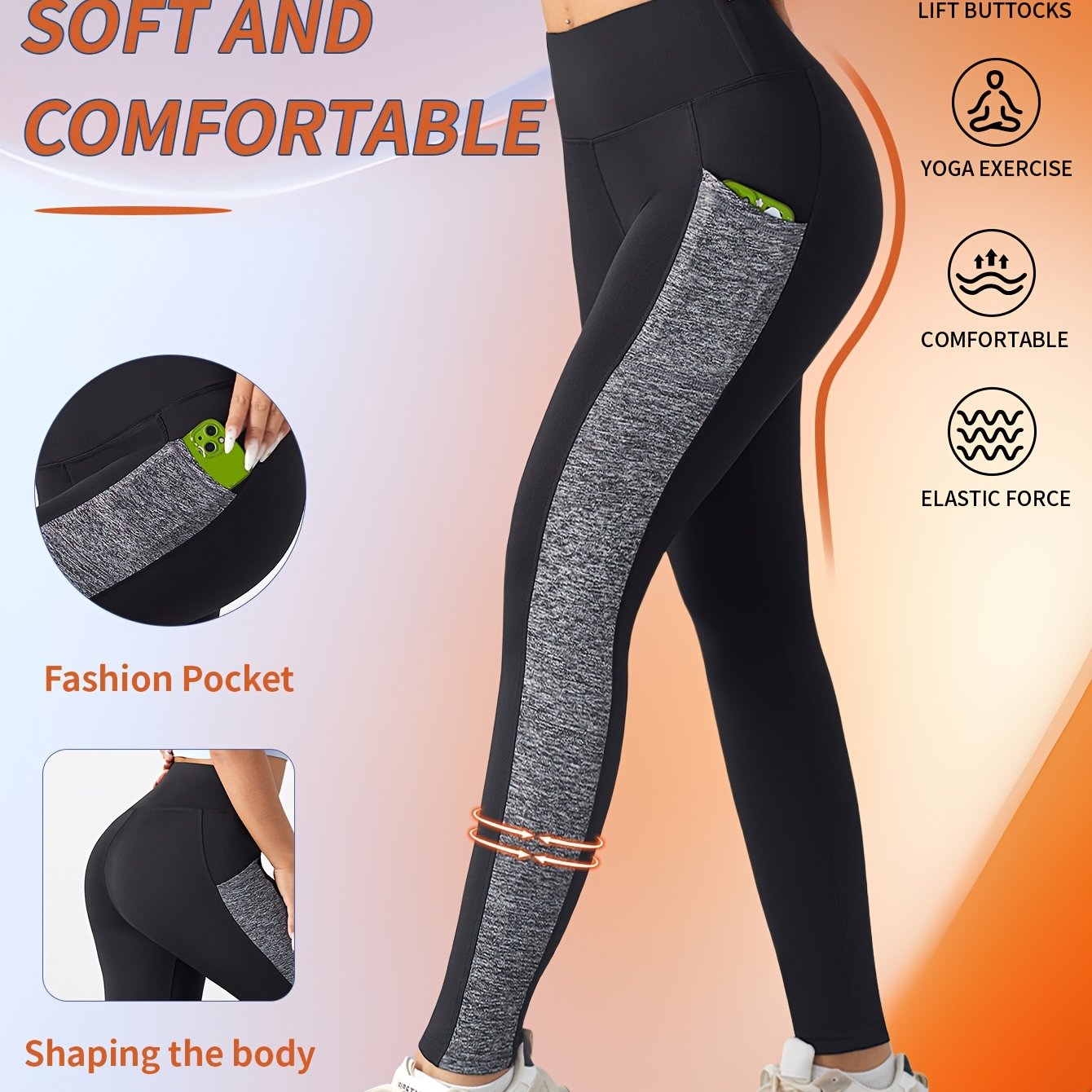 [1pc Women'S High Waist Yoga Leggings] 1pc Women'S High Waist Yoga Leggings with Contrast Color Pocket, Soft Stretchable Polyester Knit Sports Pants, Breathable Activewear for All Seasons